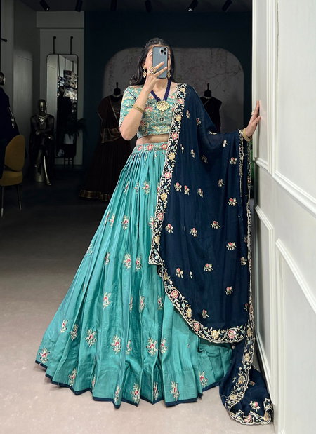 Blue Colour Slab Silk With Sequins And Thread Embroidery Work Lehenga With Blouse And Dupatta LNB1443 